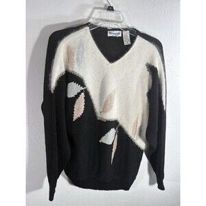Plymouth Vintage Black w/ White Soft Angora Rayon Blend Sweater Woman Sz Medium